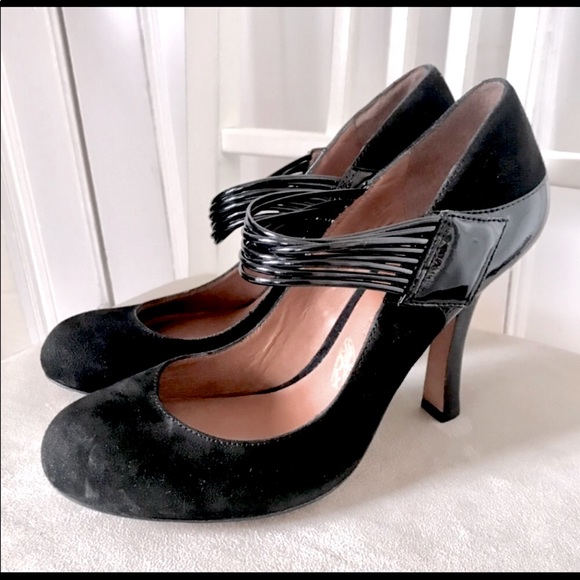 Black Suede Mary Jane Pumps High Heel Shoes w/ Snaps, sz. 38 (7.5 US)-NWT - Picture 4 of 7
